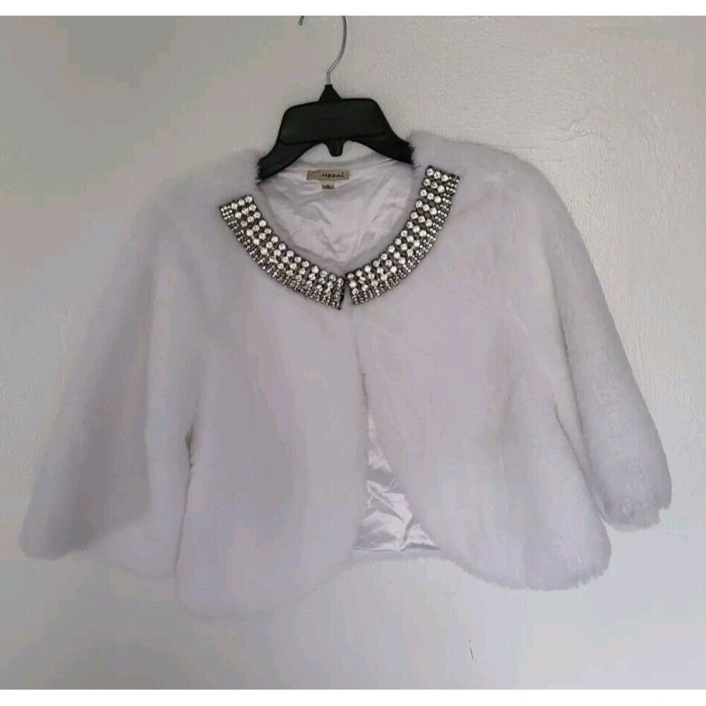 Haani Women's Embelished Rhinestones Faux Fur White 3/4 Sleeves Coat Size S